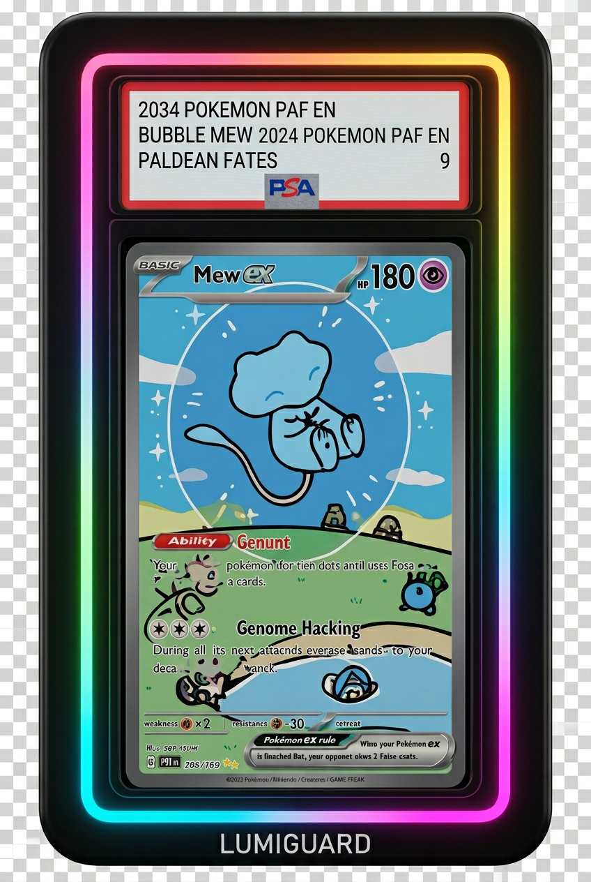 LUMIGUARD RGB Card Guard displaying a PSA 10 GEM MT Magikarp Illustration Rare Pokémon card, lit by an animated rainbow neon border